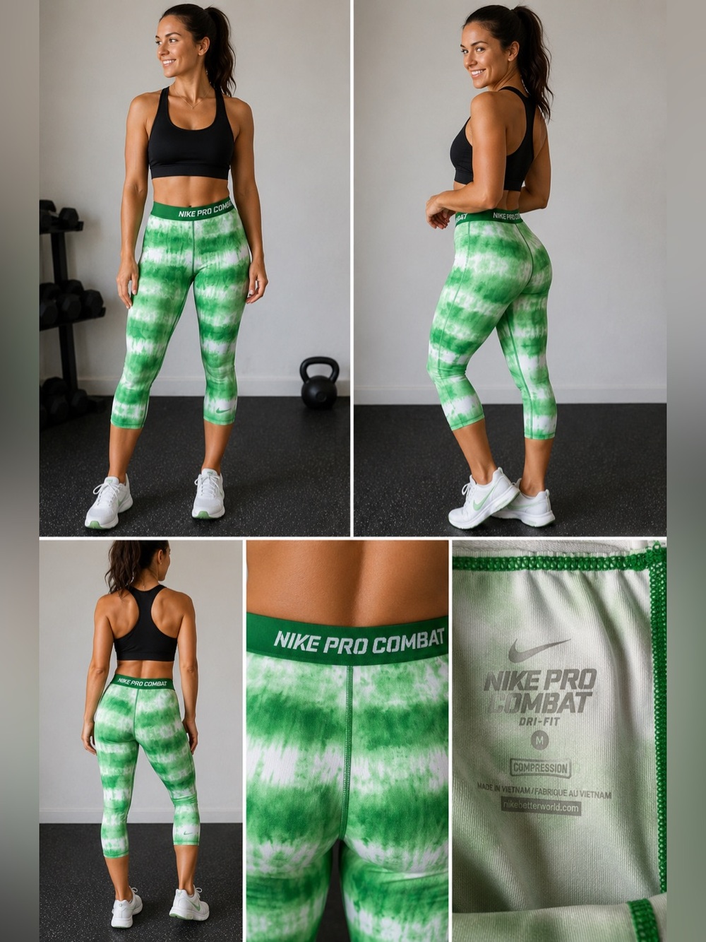 Nike Pro Combat Dri-FIT Green Tie Dye Cropped Compression Leggings Women’sMedium